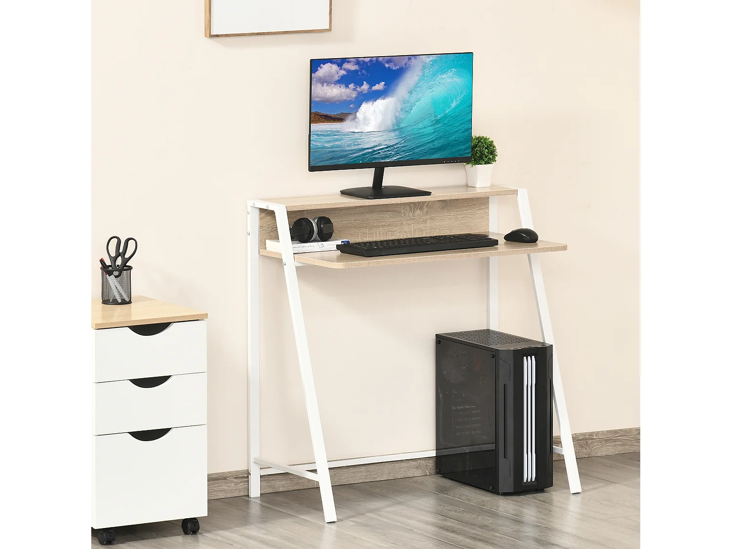 Bureau informatique moderne avec rangement et passe-câbles, MDF, blanc et chêne (84x45x85cm)