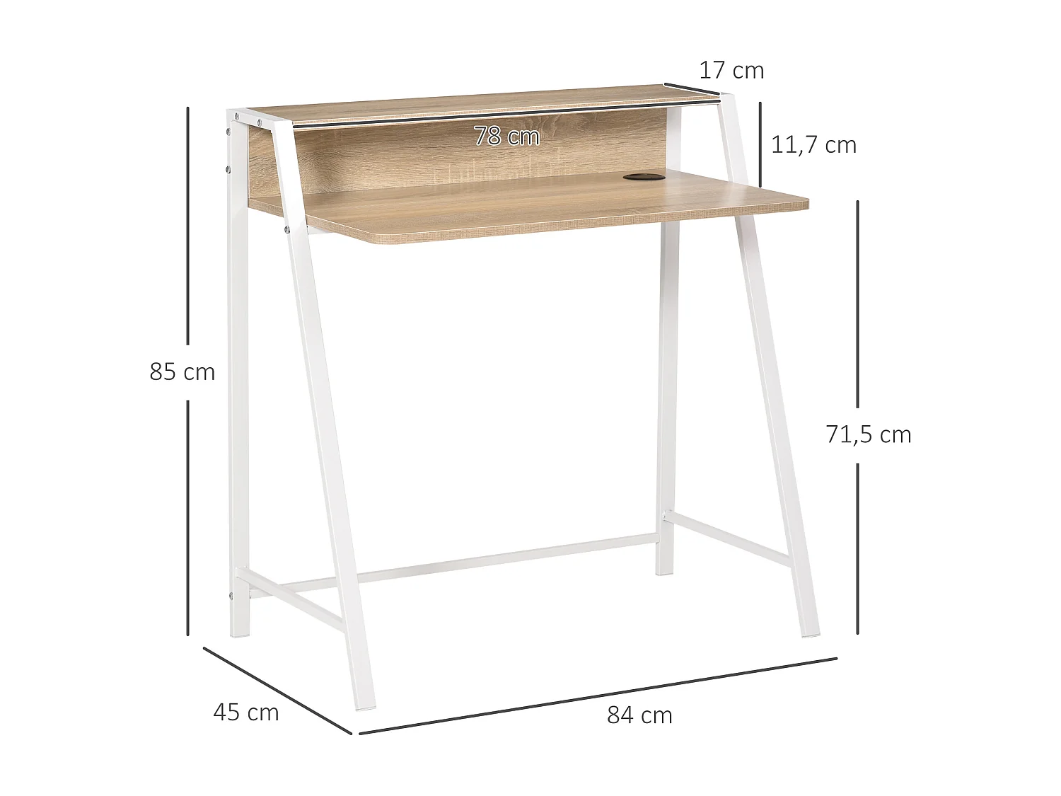 Bureau informatique moderne avec rangement et passe-câbles, MDF, blanc et chêne (84x45x85cm)