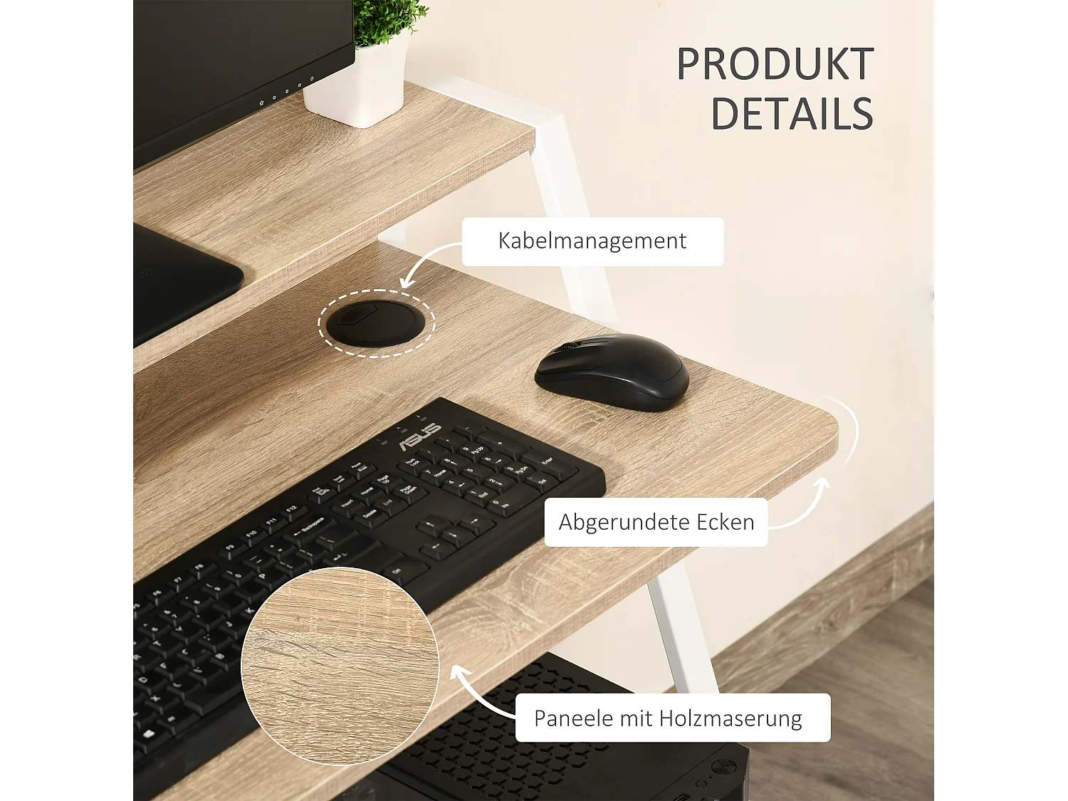 Bureau informatique moderne avec rangement et passe-câbles, MDF, blanc et chêne (84x45x85cm)