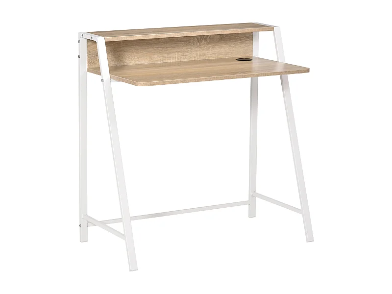 Scrivania moderna per computer con spazio di archiviazione e gestione dei cavi, MDF, bianco e rovere (84x45x85cm)