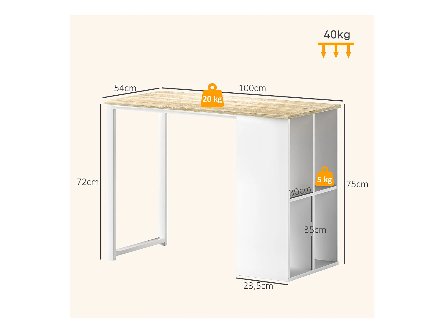 Bureau ordinateur avec étagères de rangement, structure en métal, finition chêne (100x54x75 cm)
