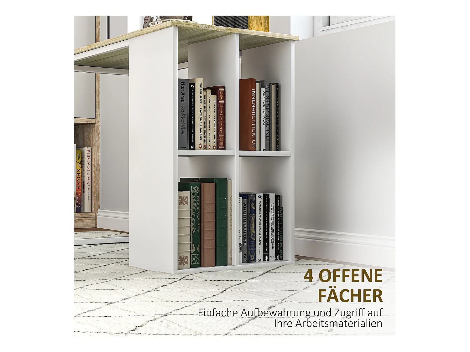 Bureau ordinateur avec étagères de rangement, structure en métal, finition chêne (100x54x75 cm)