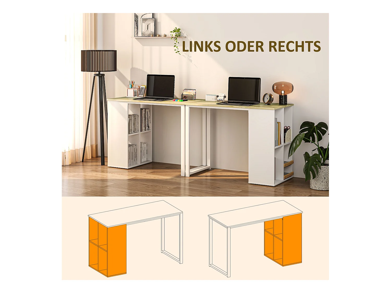 Bureau ordinateur avec étagères de rangement, structure en métal, finition chêne (100x54x75 cm)