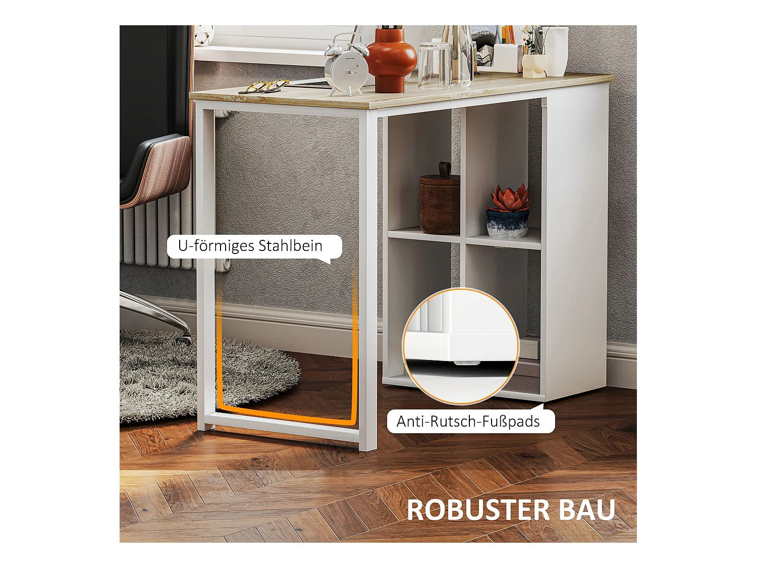 Bureau ordinateur avec étagères de rangement, structure en métal, finition chêne (100x54x75 cm)