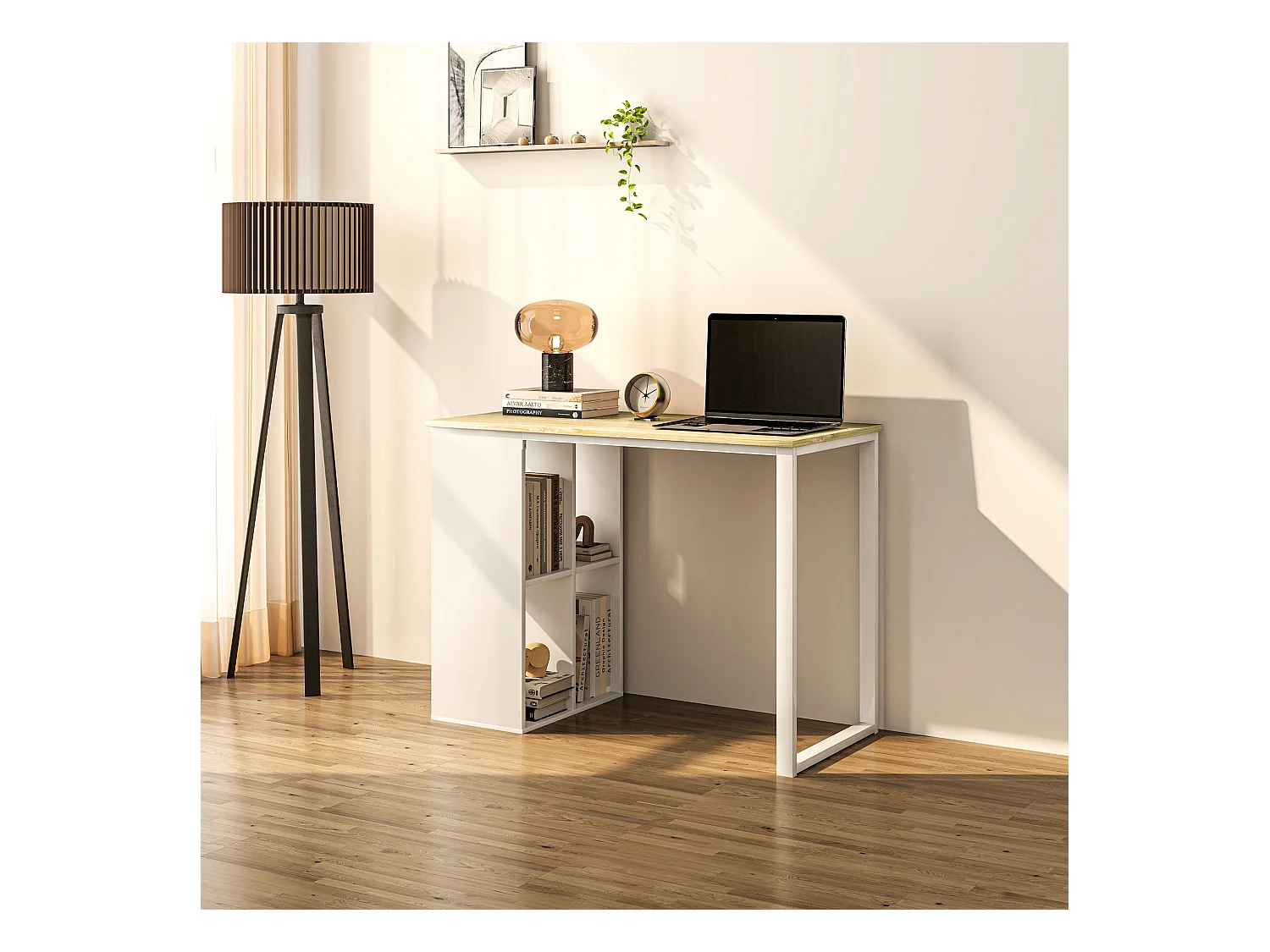 Bureau ordinateur avec étagères de rangement, structure en métal, finition chêne (100x54x75 cm)