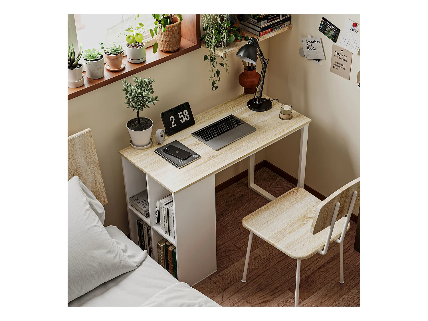 Bureau ordinateur avec étagères de rangement, structure en métal, finition chêne (100x54x75 cm)