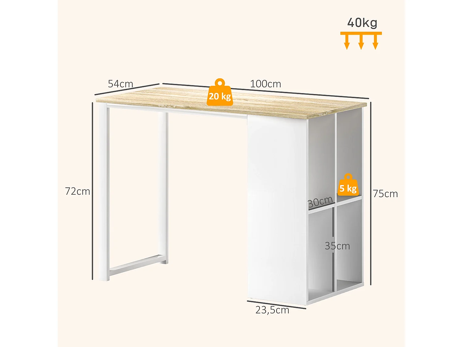 Bureau ordinateur avec étagères de rangement, structure en métal, finition chêne (100x54x75 cm)