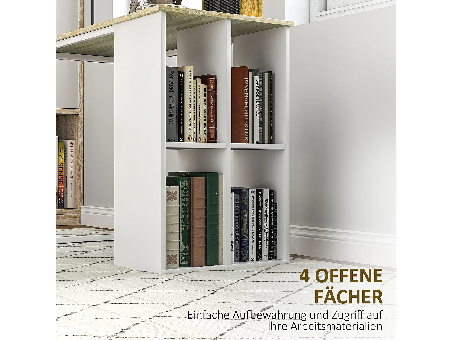 Bureau ordinateur avec étagères de rangement, structure en métal, finition chêne (100x54x75 cm)