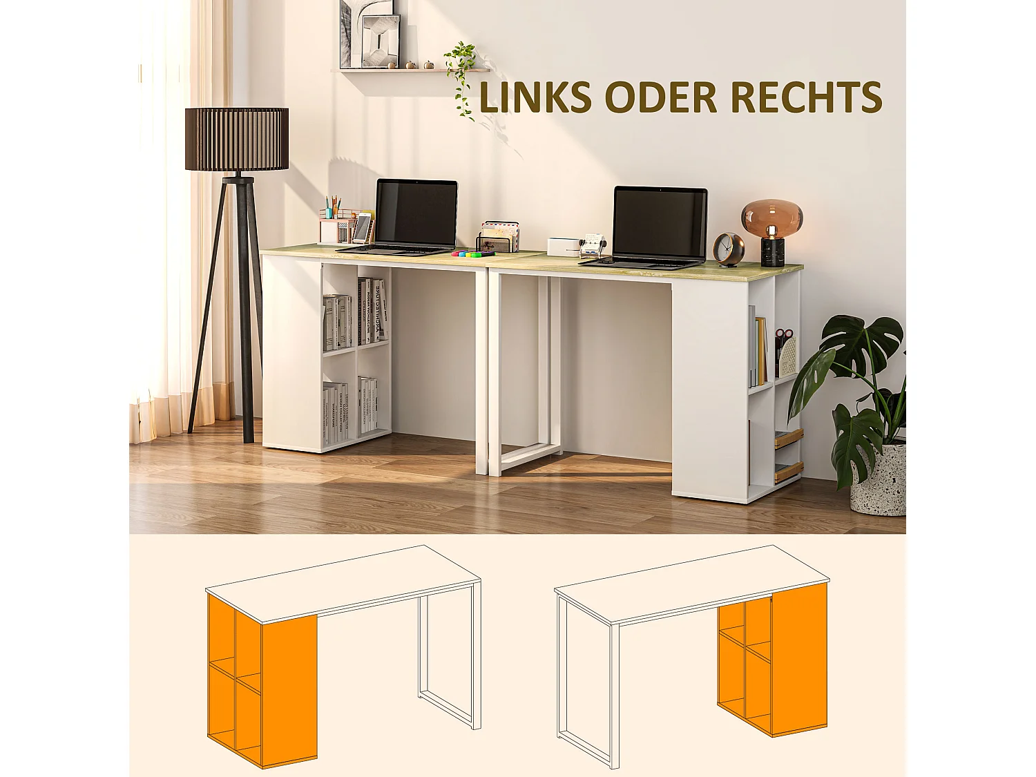 Bureau ordinateur avec étagères de rangement, structure en métal, finition chêne (100x54x75 cm)