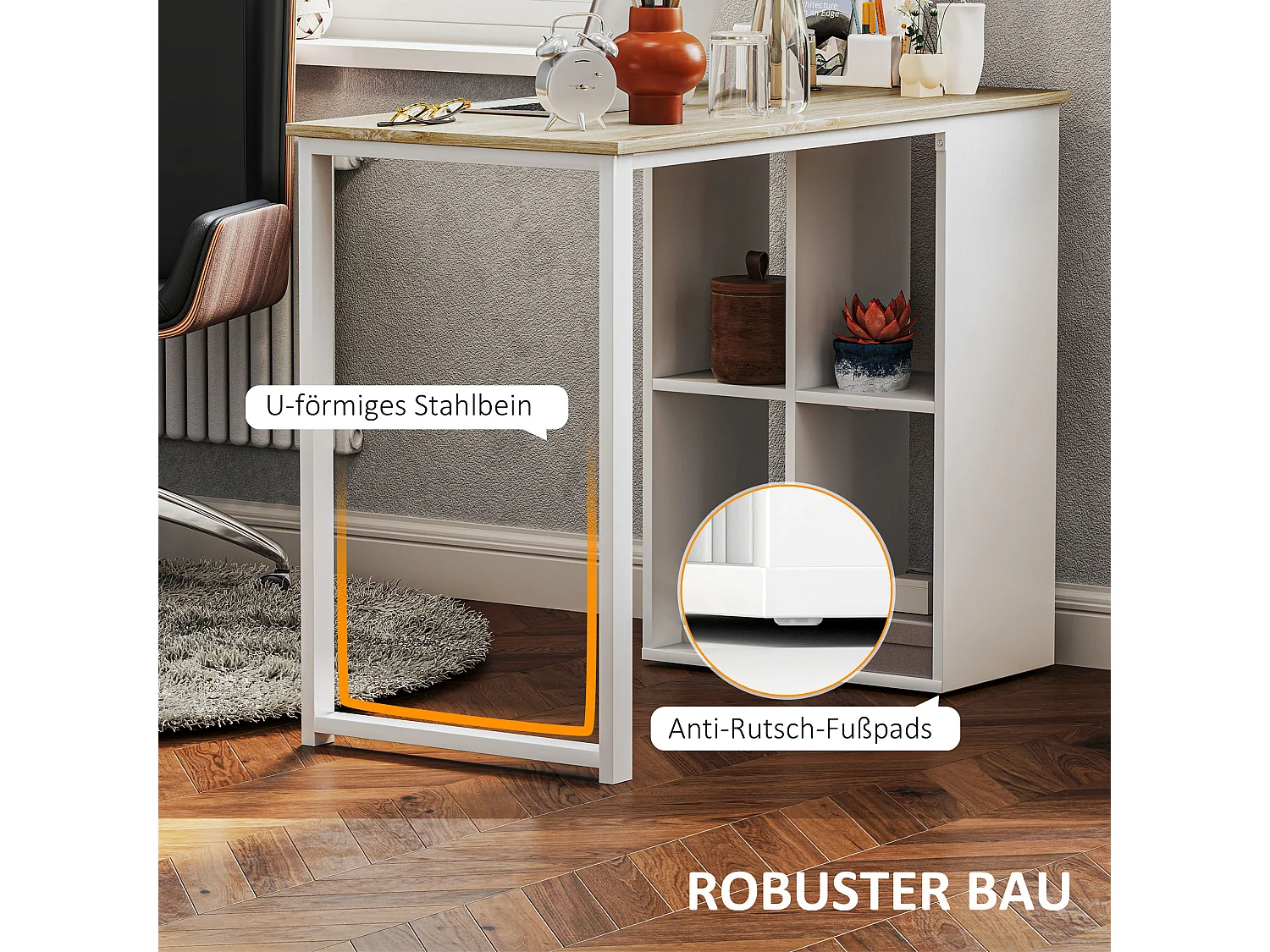 Bureau ordinateur avec étagères de rangement, structure en métal, finition chêne (100x54x75 cm)