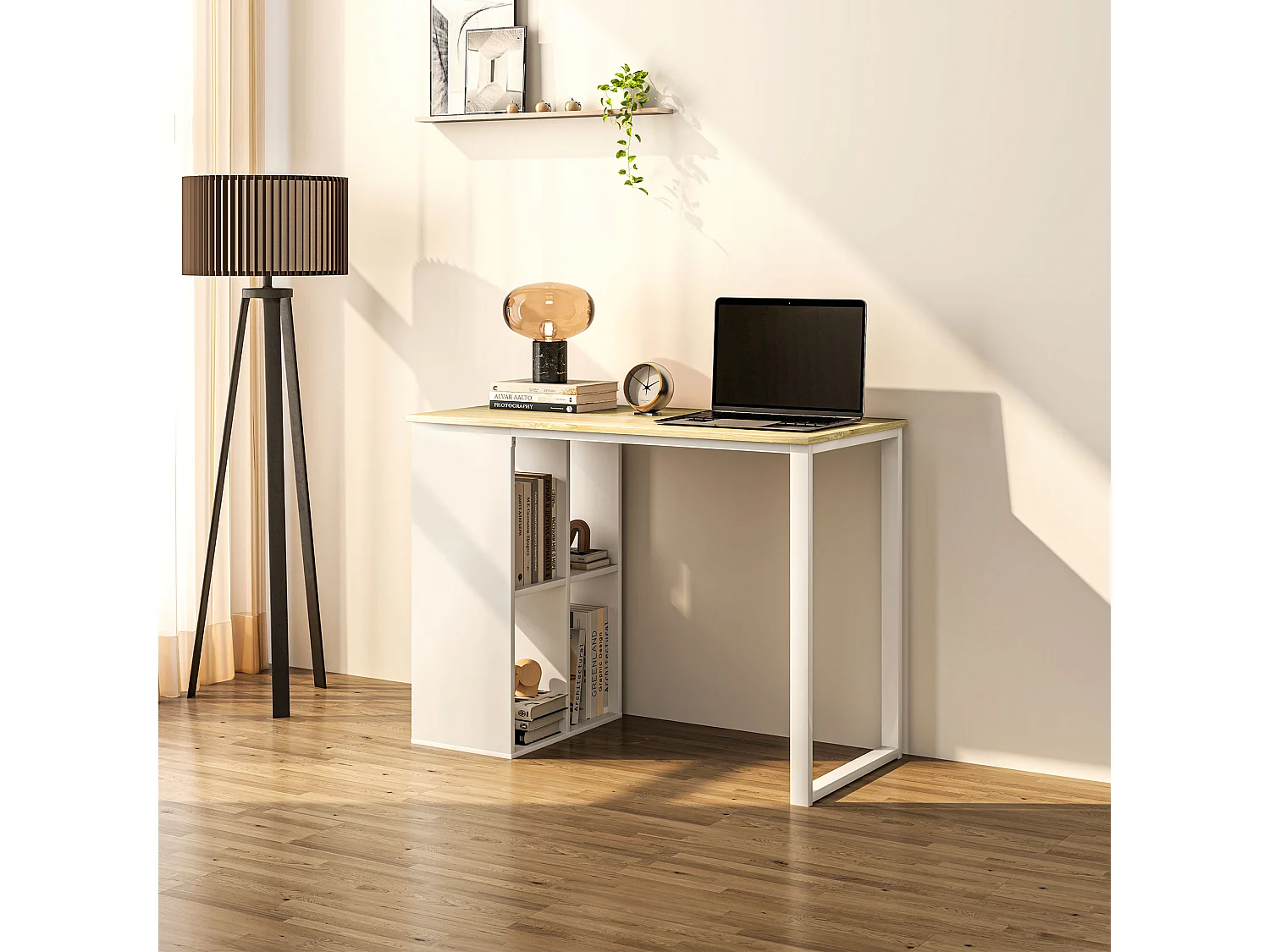 Bureau ordinateur avec étagères de rangement, structure en métal, finition chêne (100x54x75 cm)