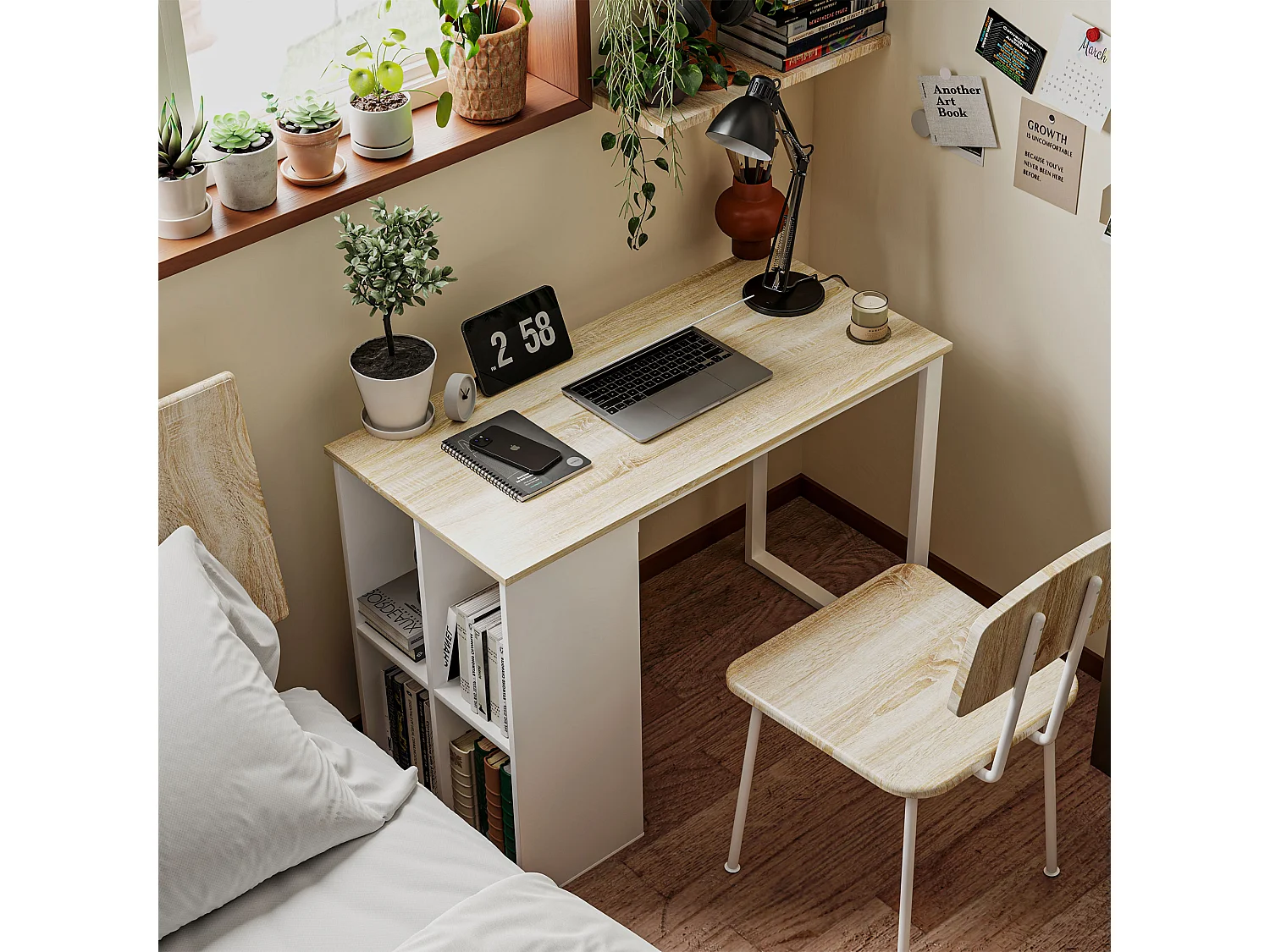 Bureau ordinateur avec étagères de rangement, structure en métal, finition chêne (100x54x75 cm)