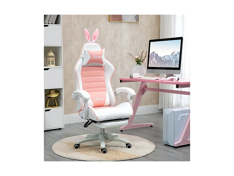 Chaise Gaming Ergonomique avec Fonction Repose-Pied, Oreilles de Lapin, Cuir Synthétique, Réglable en Hauteur (65x63x142 cm)