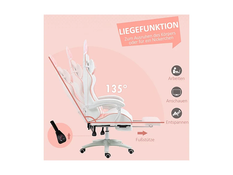 Chaise Gaming Ergonomique avec Fonction Repose-Pied, Oreilles de Lapin, Cuir Synthétique, Réglable en Hauteur (65x63x142 cm)