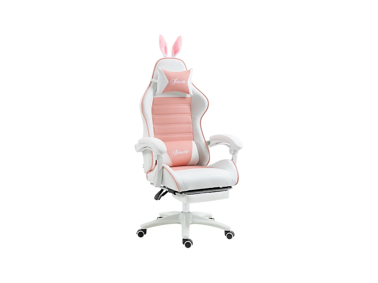 Sedia da gioco ergonomica con funzione poggiapiedi, orecchie di coniglio, pelle sintetica, altezza regolabile (65x63x142 cm)