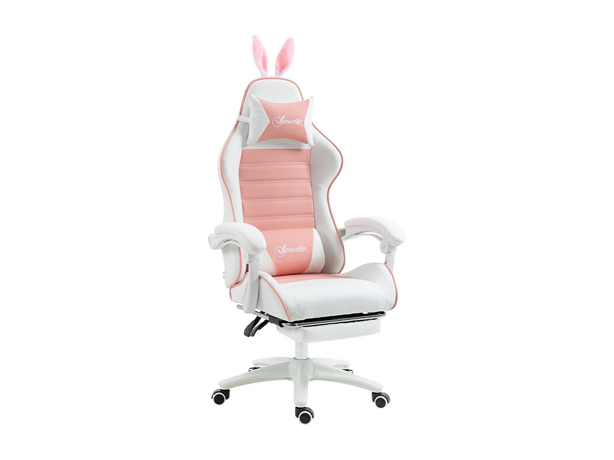 Chaise Gaming Ergonomique avec Fonction Repose-Pied, Oreilles de Lapin, Cuir Synthétique, Réglable en Hauteur (65x63x142 cm)