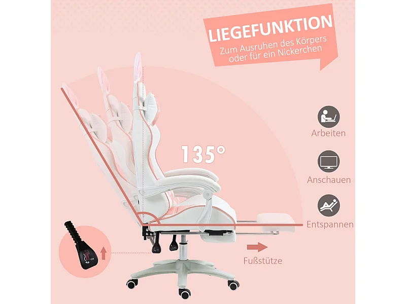 Chaise Gaming Ergonomique avec Fonction Repose-Pied, Oreilles de Lapin, Cuir Synthétique, Réglable en Hauteur (65x63x142 cm)