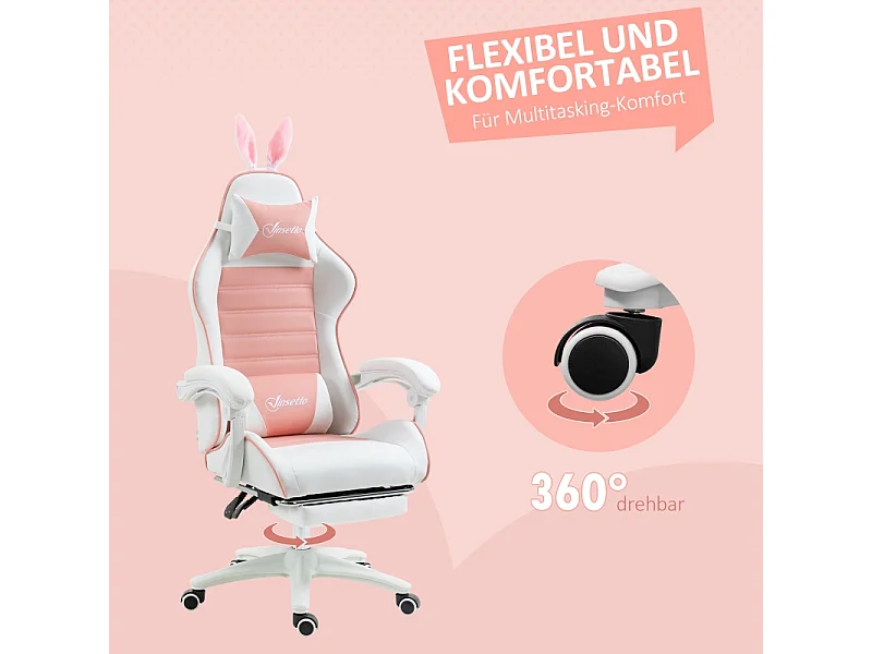 Chaise Gaming Ergonomique avec Fonction Repose-Pied, Oreilles de Lapin, Cuir Synthétique, Réglable en Hauteur (65x63x142 cm)