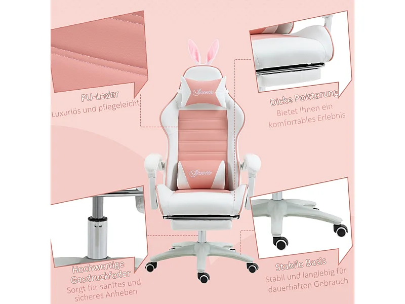 Chaise Gaming Ergonomique avec Fonction Repose-Pied, Oreilles de Lapin, Cuir Synthétique, Réglable en Hauteur (65x63x142 cm)