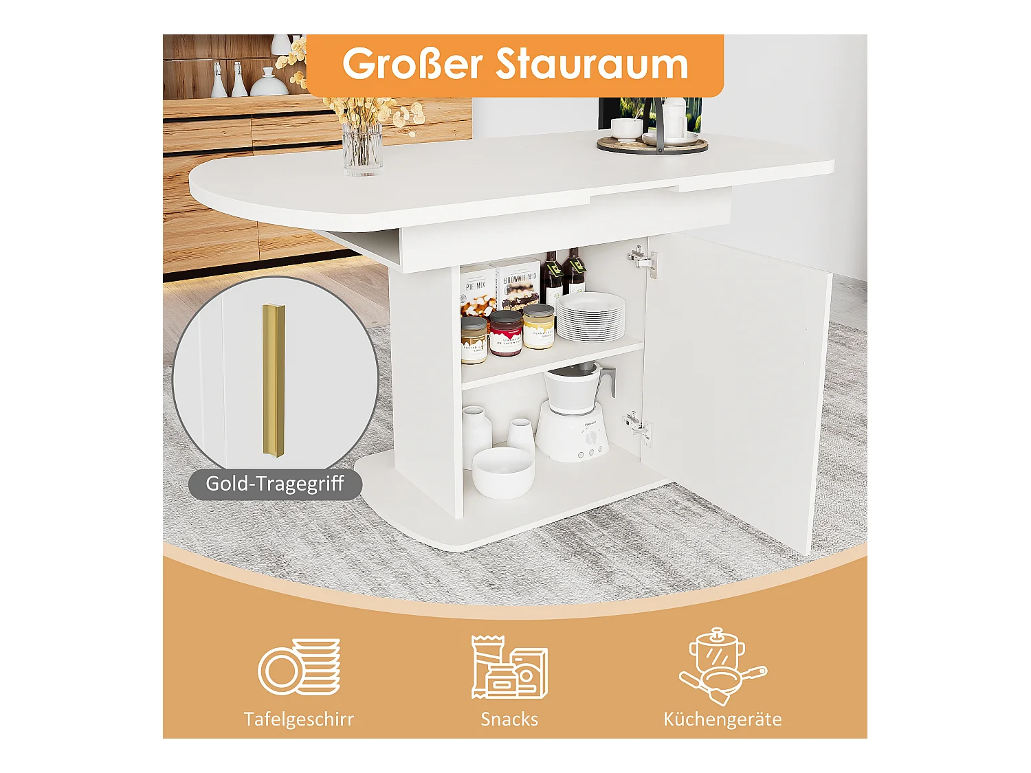 Table à Manger Extensible Ovale, avec rangement, design moderne, panneau de particules, blanc et doré, (L110/130xW70xH75 cm)