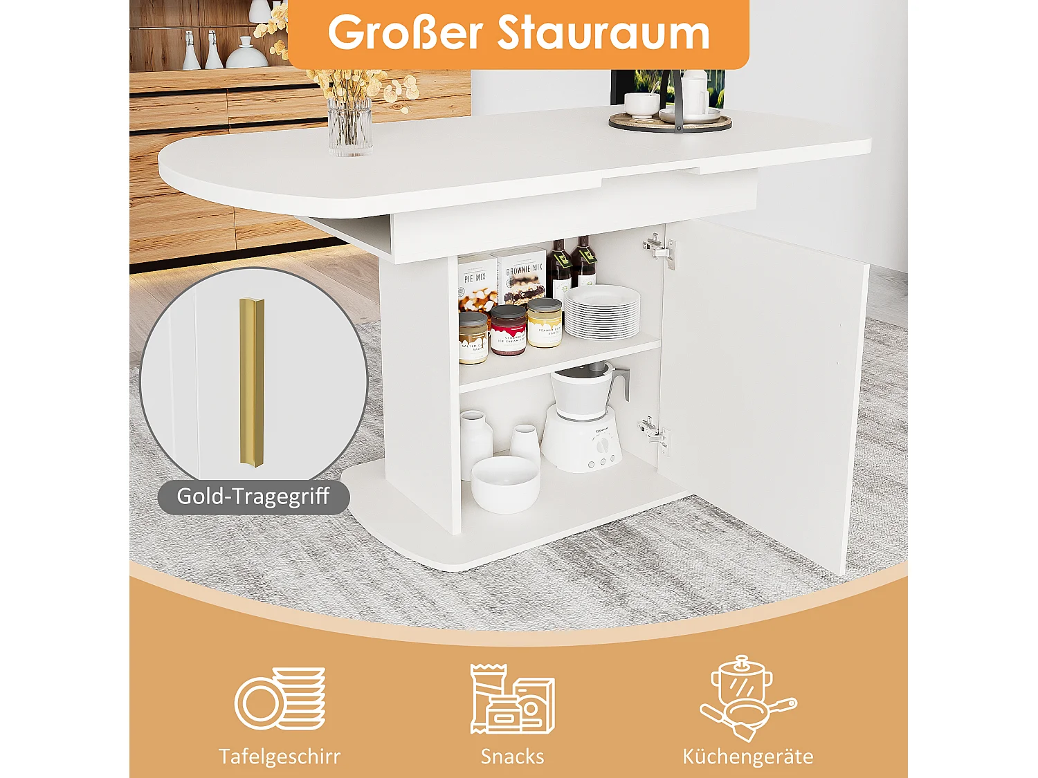 Table à Manger Extensible Ovale, avec rangement, design moderne, panneau de particules, blanc et doré, (L110/130xW70xH75 cm)