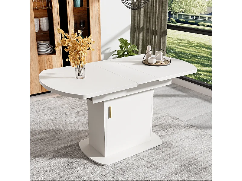 Ovale uitschuifbare eettafel met opbergruimte, modern design, spaanplaat, wit en goud, (L110/130xB70xH75 cm)