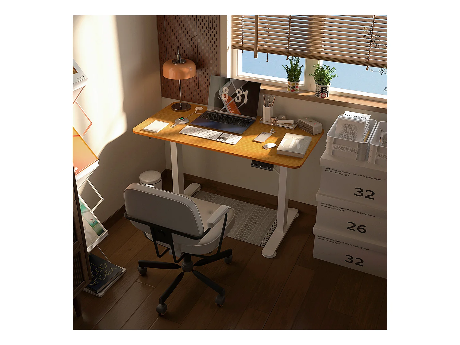 Elektrisch verstelbaar sta-bureau, 120x60 cm, natuurlijk hout, antibotsingssysteem en kabelorganizer (72-116 cm)