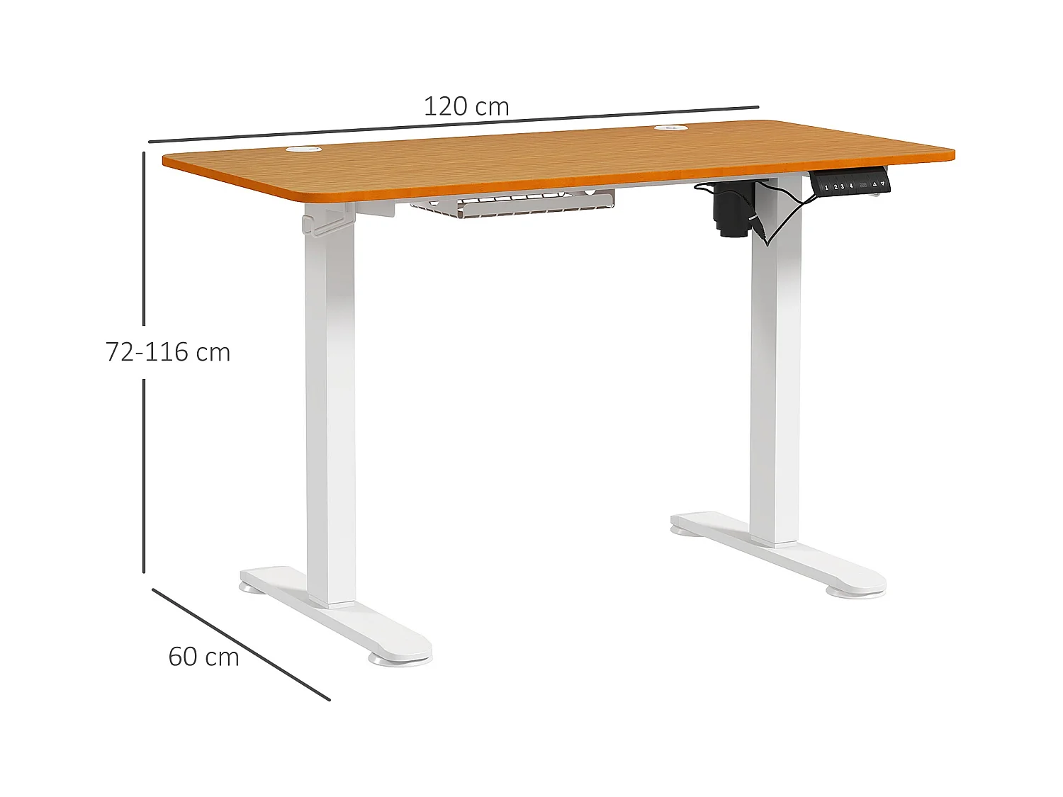 Elektrisch verstelbaar sta-bureau, 120x60 cm, natuurlijk hout, antibotsingssysteem en kabelorganizer (72-116 cm)