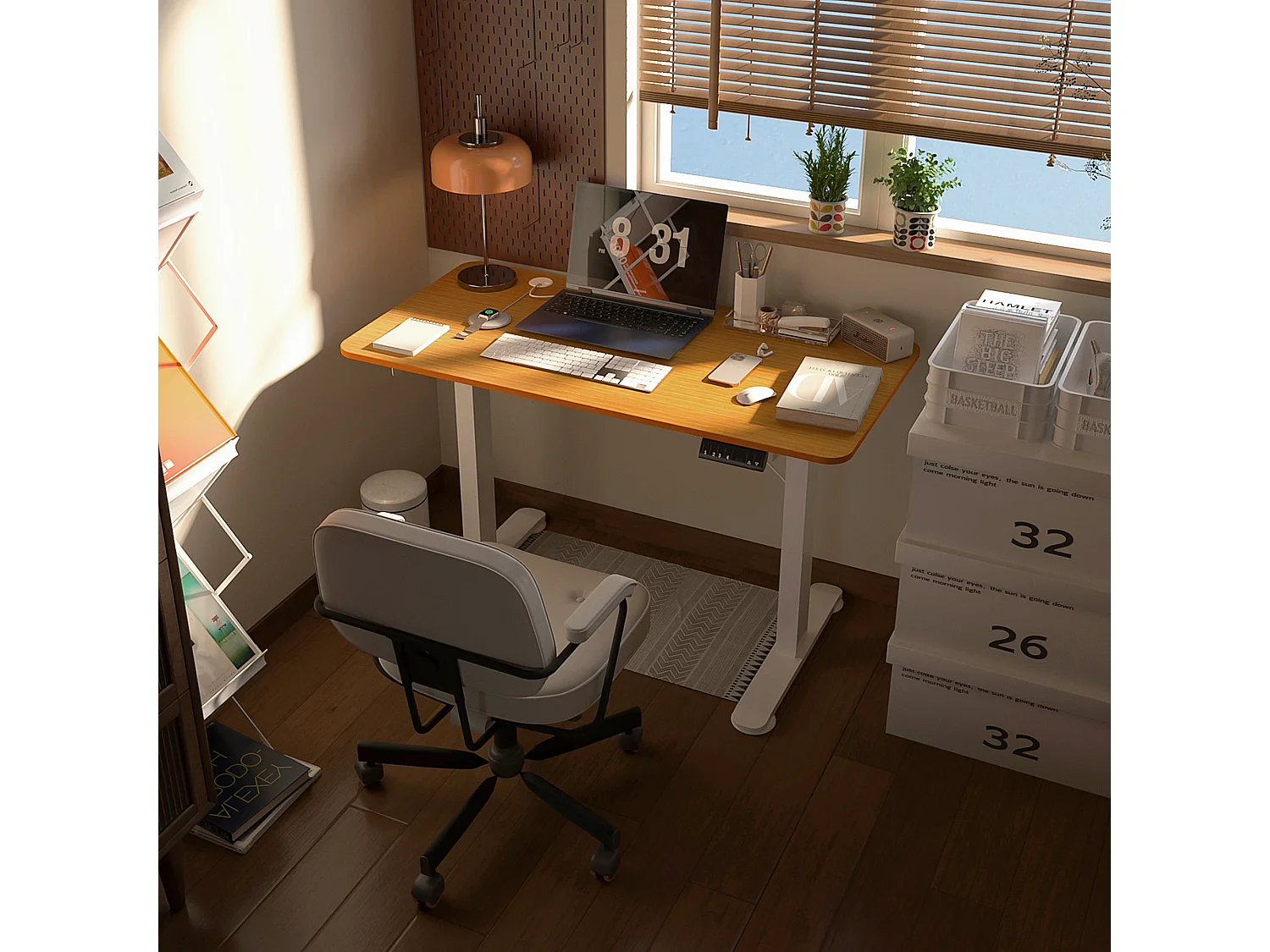 Bureau Debout Électrique Réglable, 120x60 cm, Bois Naturel, Système Anti-Collision et Câble Organisateur (72-116 cm)