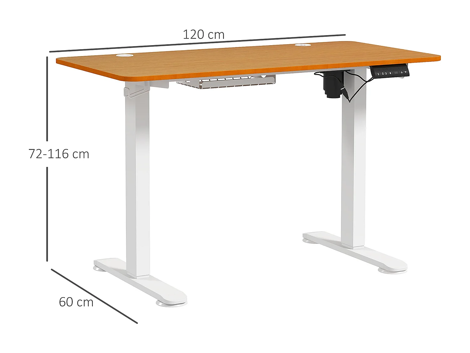 Bureau Debout Électrique Réglable, 120x60 cm, Bois Naturel, Système Anti-Collision et Câble Organisateur (72-116 cm)