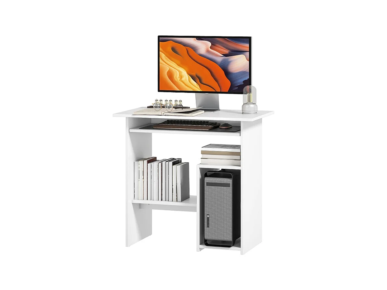 Bureau compact avec tablette clavier et rangements ouverts, panneau mélaminé, blanc, résistant et fonctionnel (80x45x75cm)