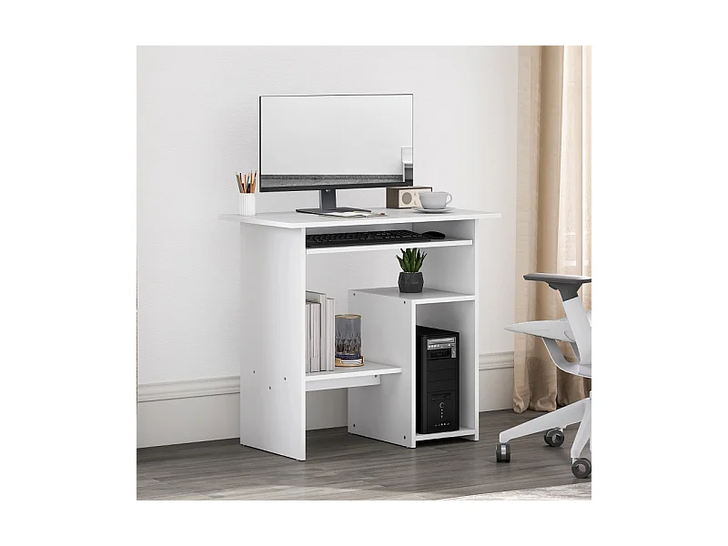 Bureau compact avec tablette clavier et rangements ouverts, panneau mélaminé, blanc, résistant et fonctionnel (80x45x75cm)