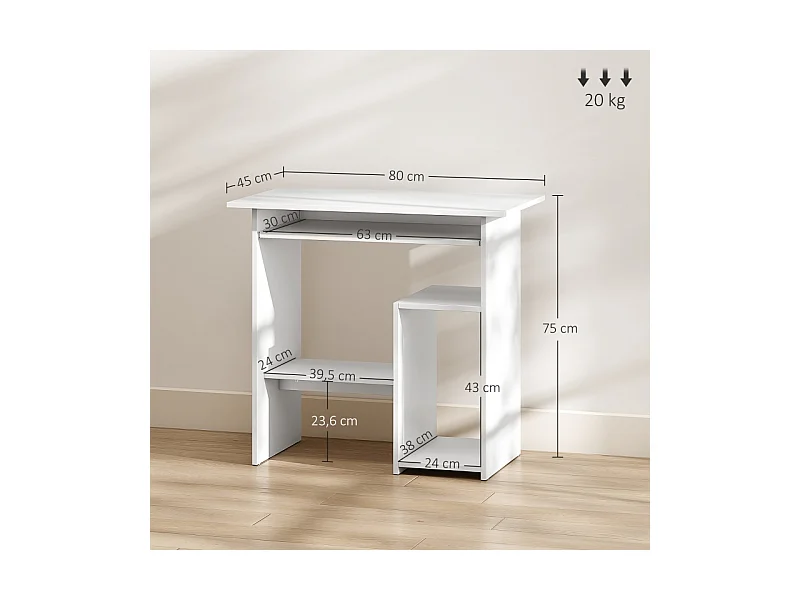 Bureau compact avec tablette clavier et rangements ouverts, panneau mélaminé, blanc, résistant et fonctionnel (80x45x75cm)