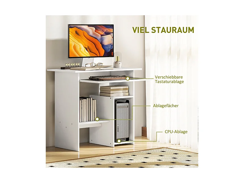 Bureau compact avec tablette clavier et rangements ouverts, panneau mélaminé, blanc, résistant et fonctionnel (80x45x75cm)