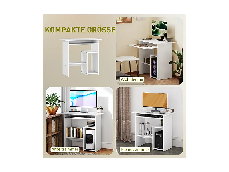 Bureau compact avec tablette clavier et rangements ouverts, panneau mélaminé, blanc, résistant et fonctionnel (80x45x75cm)