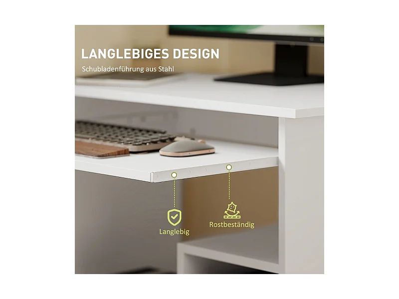 Bureau compact avec tablette clavier et rangements ouverts, panneau mélaminé, blanc, résistant et fonctionnel (80x45x75cm)