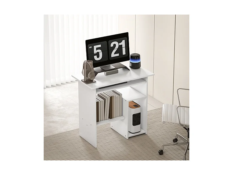 Bureau compact avec tablette clavier et rangements ouverts, panneau mélaminé, blanc, résistant et fonctionnel (80x45x75cm)