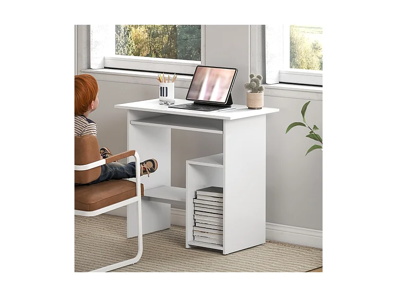 Bureau compact avec tablette clavier et rangements ouverts, panneau mélaminé, blanc, résistant et fonctionnel (80x45x75cm)