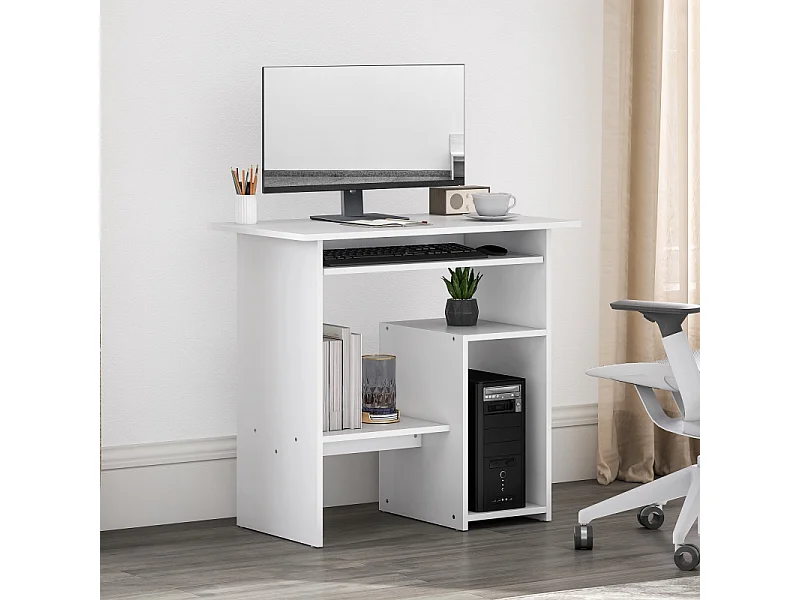 Bureau compact avec tablette clavier et rangements ouverts, panneau mélaminé, blanc, résistant et fonctionnel (80x45x75cm)