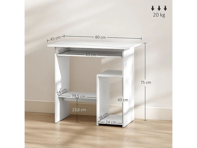 Bureau compact avec tablette clavier et rangements ouverts, panneau mélaminé, blanc, résistant et fonctionnel (80x45x75cm)