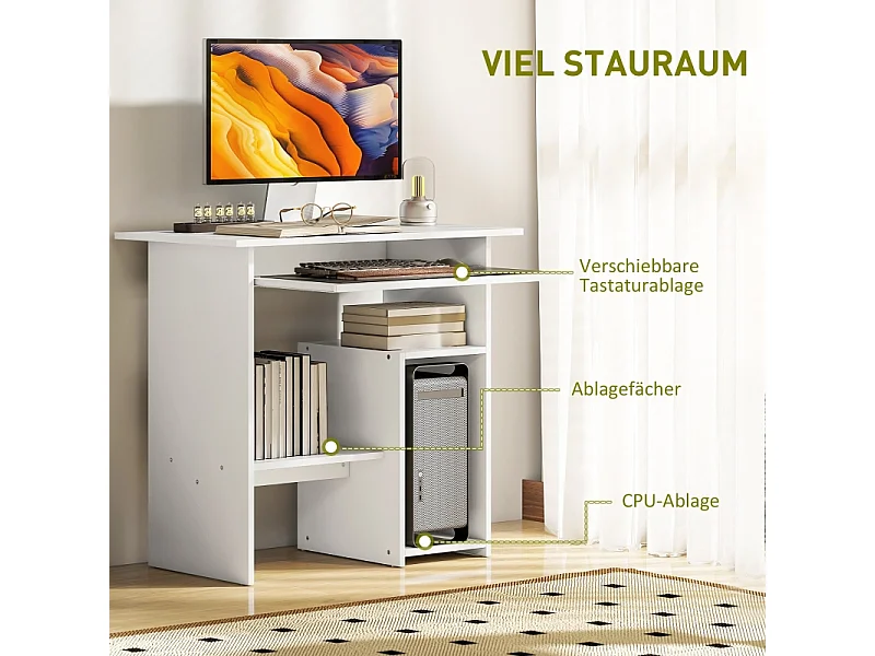 Bureau compact avec tablette clavier et rangements ouverts, panneau mélaminé, blanc, résistant et fonctionnel (80x45x75cm)