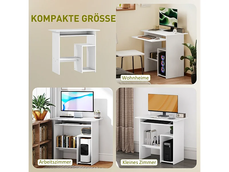 Bureau compact avec tablette clavier et rangements ouverts, panneau mélaminé, blanc, résistant et fonctionnel (80x45x75cm)