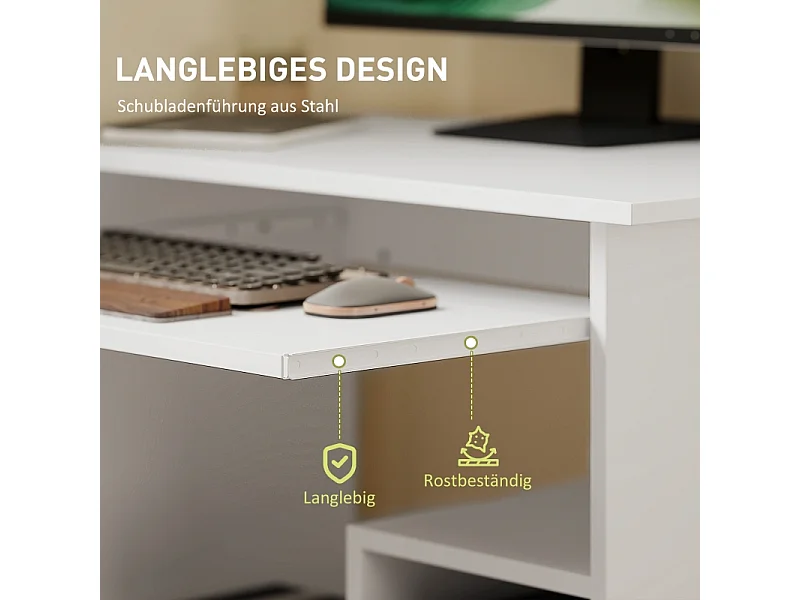 Bureau compact avec tablette clavier et rangements ouverts, panneau mélaminé, blanc, résistant et fonctionnel (80x45x75cm)