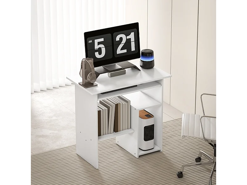 Bureau compact avec tablette clavier et rangements ouverts, panneau mélaminé, blanc, résistant et fonctionnel (80x45x75cm)