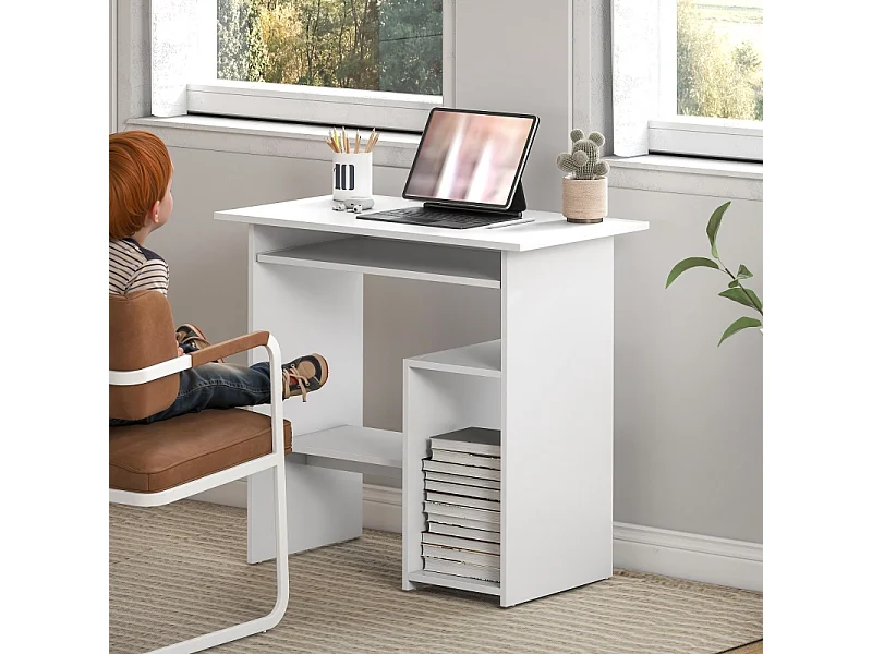 Bureau compact avec tablette clavier et rangements ouverts, panneau mélaminé, blanc, résistant et fonctionnel (80x45x75cm)
