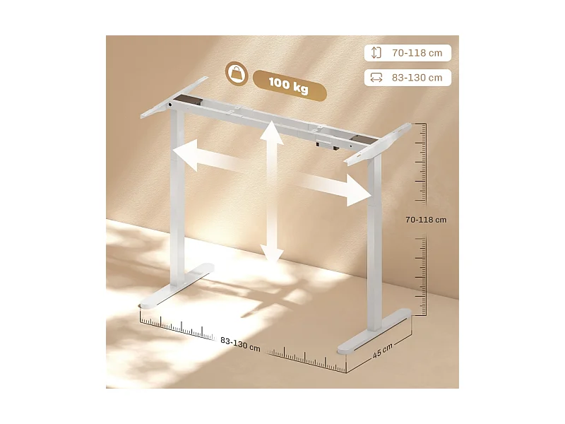Bureau réglable en hauteur électrique, cadre avec 2 moteurs et commande mémoire, métal, blanc (83x45x118 cm)