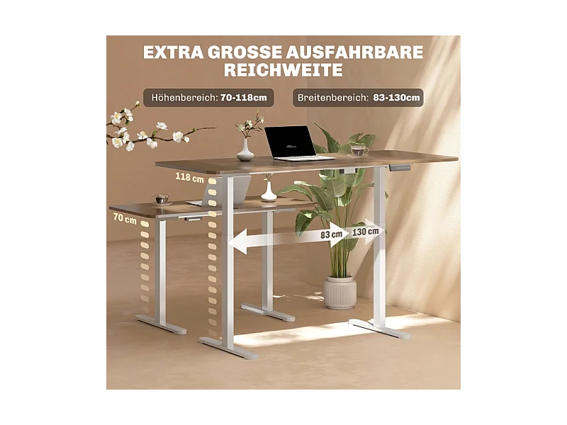 Bureau réglable en hauteur électrique, cadre avec 2 moteurs et commande mémoire, métal, blanc (83x45x118 cm)