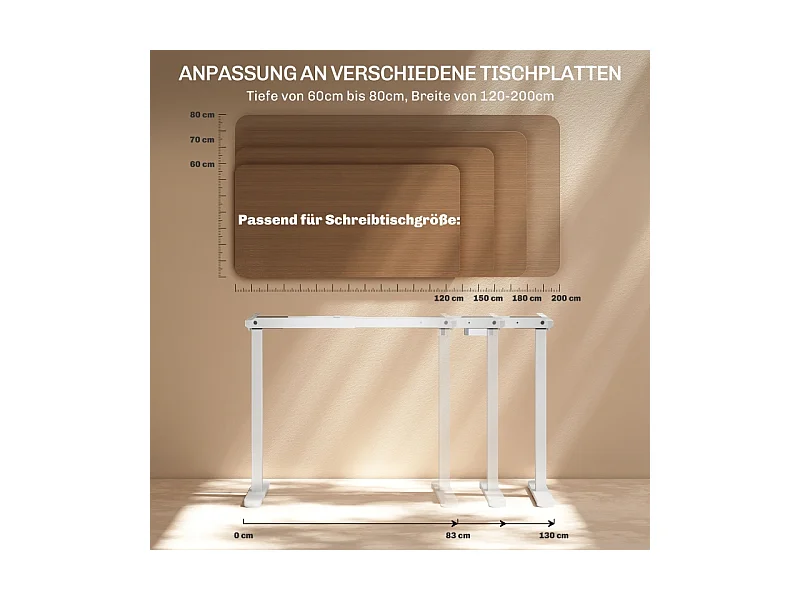 Bureau réglable en hauteur électrique, cadre avec 2 moteurs et commande mémoire, métal, blanc (83x45x118 cm)