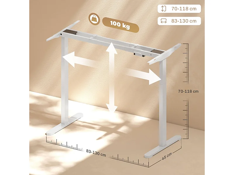 Bureau réglable en hauteur électrique, cadre avec 2 moteurs et commande mémoire, métal, blanc (83x45x118 cm)