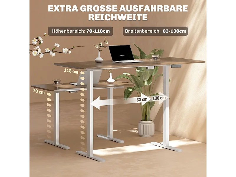 Bureau réglable en hauteur électrique, cadre avec 2 moteurs et commande mémoire, métal, blanc (83x45x118 cm)